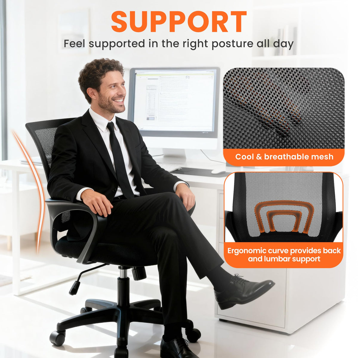 NEO CHAIR Office Computer Chair Ergonomic Mid-Back Mesh Desk Chair, Black | Breathable Mesh Back with Lumbar Support, Height Adjustment, Smooth Rolling Casters for Home Office, Study or Gaming Setup