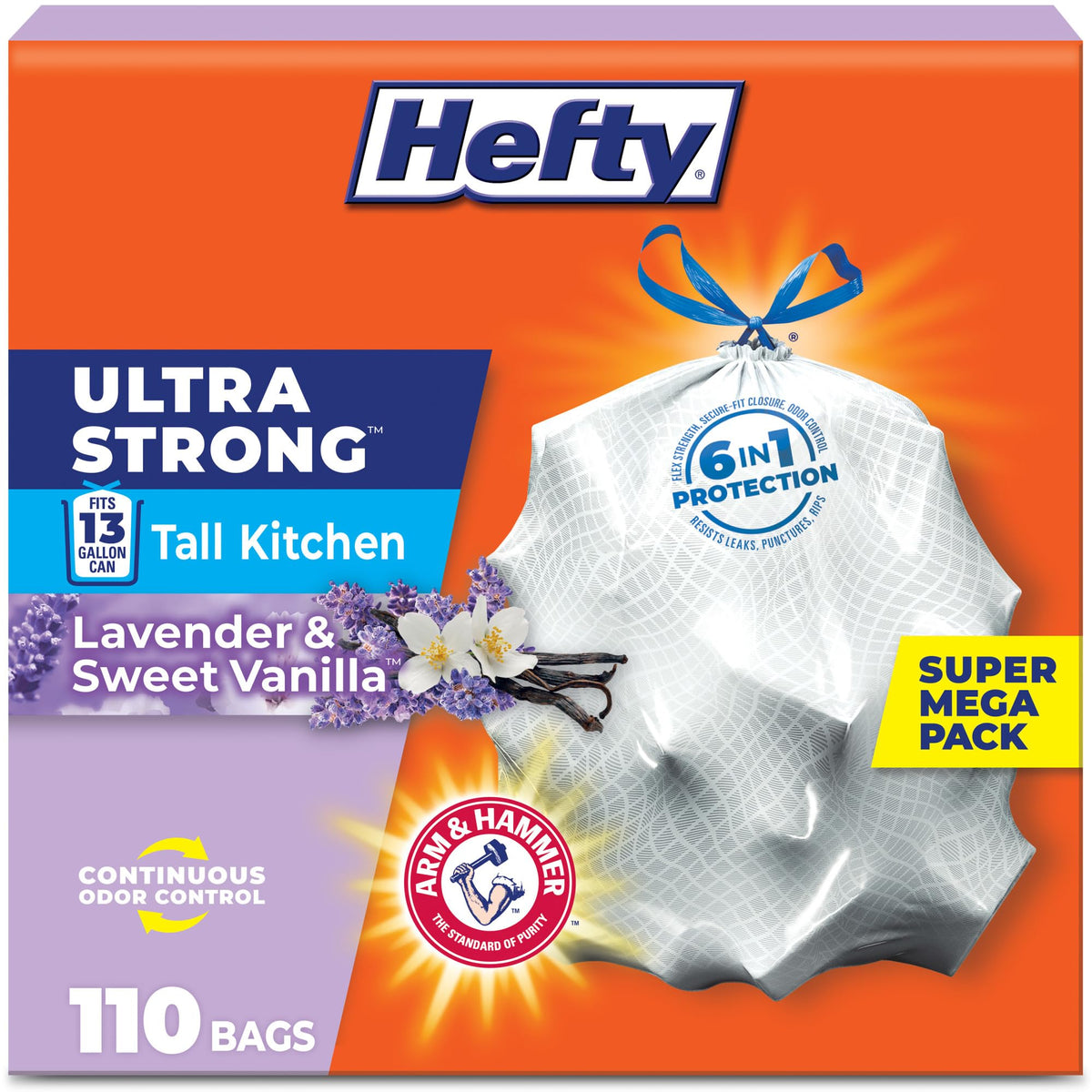 Hefty Ultra Strong 13 Gal Kitchen Trash Bags, Lavender Vanilla, 110ct | Bulk Pack, 13G Tall White Trash Bags with Drawstrings for Kitchen, Resists Leaks, Punctures, Rips, Continuous Odor Control