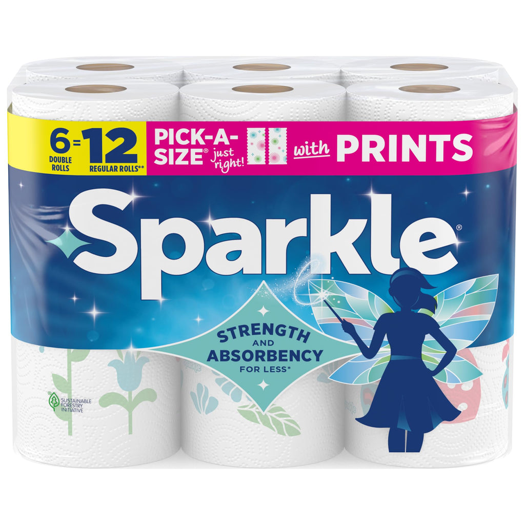 SPARKLE Pick-A-Size Paper Towels, 2-Ply Spirited Prints, 6 Double Rolls | Paper towels 6 pack: strong 2 ply paper towels with Pick-A-Size sheets, 6 double rolls, 660 sheets total