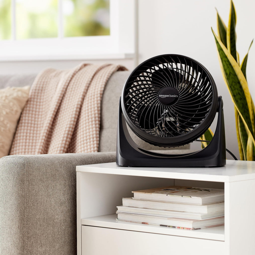 Amazon Basics Air Circulator Desk Fan for Bedroom, Home and Office, 90-Degree Tilt Head, 3 Speed Settings, Cooling, 35 Watts, Black, 11.1"W x 6.3"D x 10.9"H