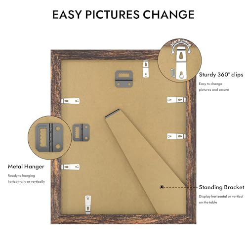 Hongkee 8x10 Picture Frame with Real Glass Wood Frame(Rustic Brown, 1 Pack) | Fits 8 x 10 Photos for Wall or Tabletop Display - Includes Easel Back, Vertical Hang - Ideal for Home, Office
