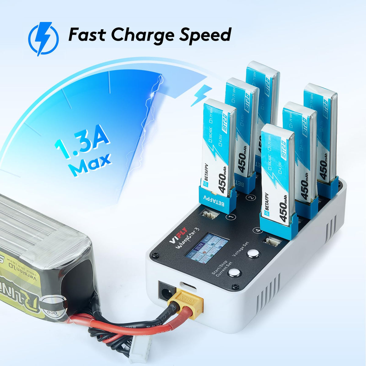 VIFLY WhoopStor V3 6 Ports 1S LiPo Battery Storage Charger and Discharger with LCD Display Tiny Whoop Charger with PH2.0 and BT2.0 Connectors