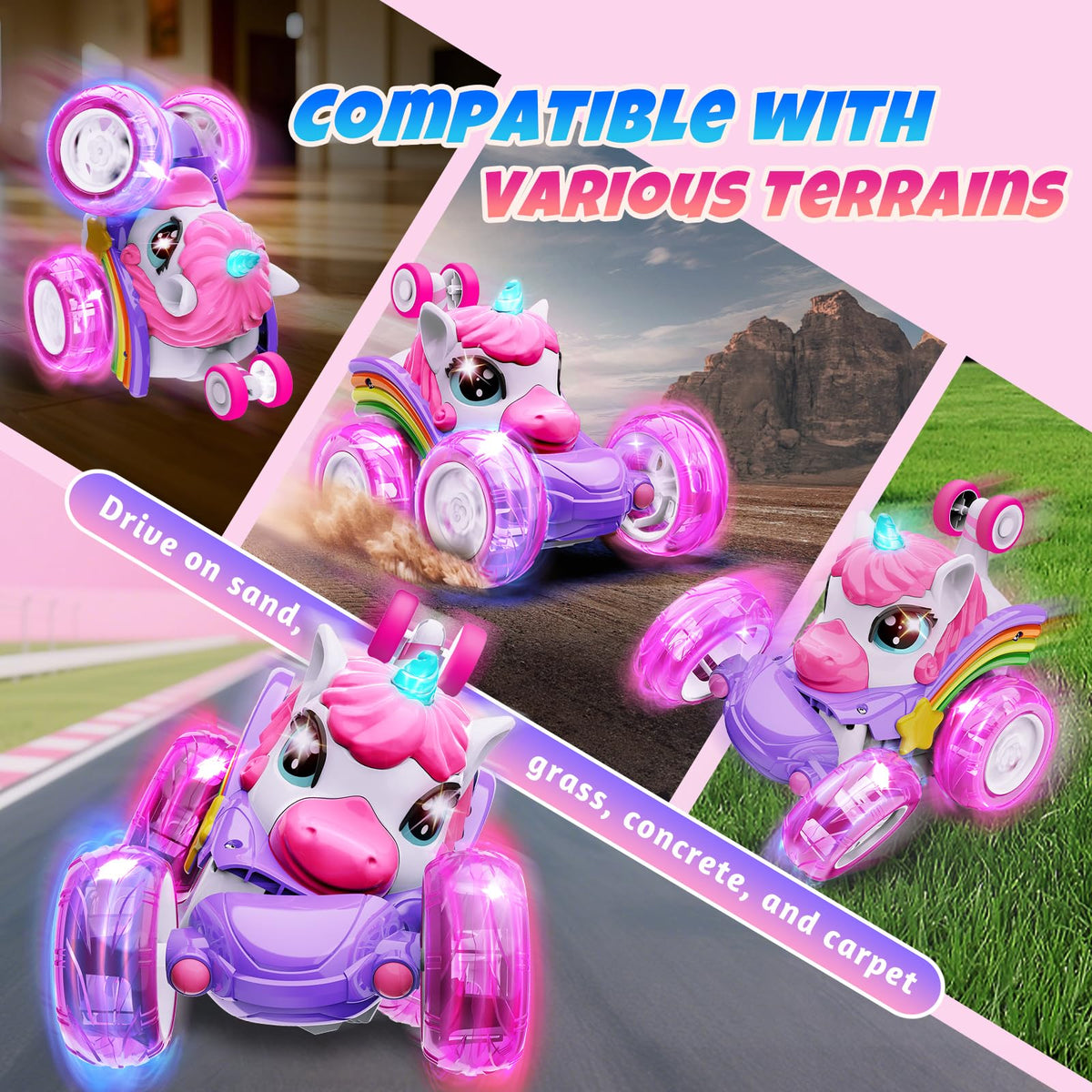 Unicorn Remote Control Car Toys for Girl, Unicorn Toy for Toddlers Ages 3+ | Pink RC Stunt Cars 4WD 360° Rotating 2.4GHz Toy Car with LED Lights, Birthday Gift for 3 4 5 6 7 8 9 Year Old Girls