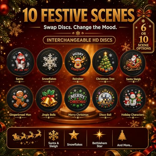 10 Pack Plug and Play HD Christmas Projector, 10 Festive Scenes, 360° Flexible Neck for Bedroom,Home Theater,Car