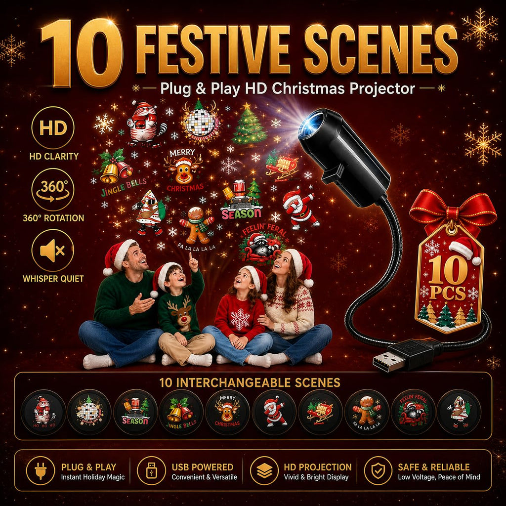 10 Pack Plug and Play HD Christmas Projector, 10 Festive Scenes, 360° Flexible Neck for Bedroom,Home Theater,Car