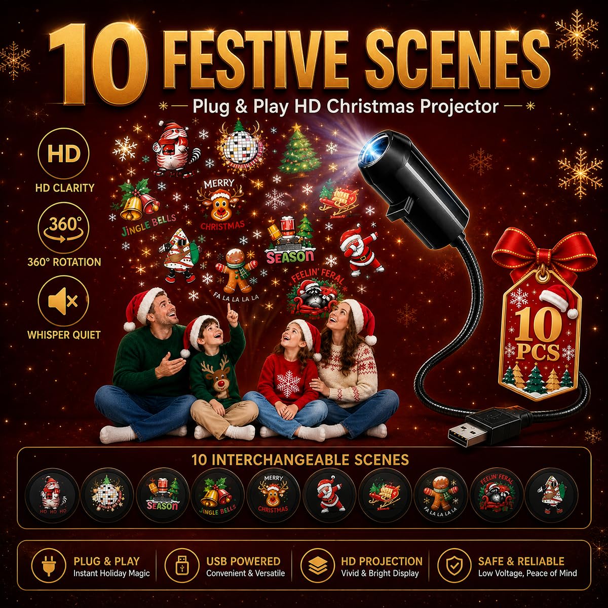 10 Pack Plug and Play HD Christmas Projector, 10 Festive Scenes, 360° Flexible Neck for Bedroom,Home Theater,Car