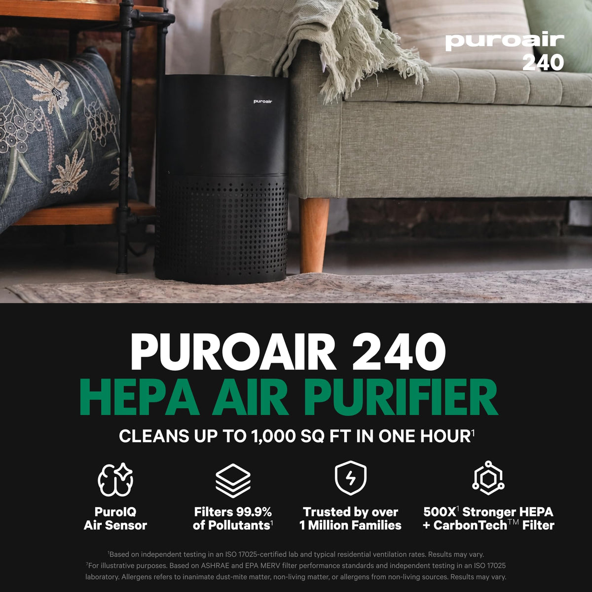 PuroAir 240 HEPA Air Purifiers for Home Pets Bedroom 1000 Ft² - Black | Certified HEPA + CarbonTech™ Air Filter for Smoke, Odor, Allergies - PuroIQ Sensor Auto-Mode, Quiet Sleep-Mode, 360° Intake