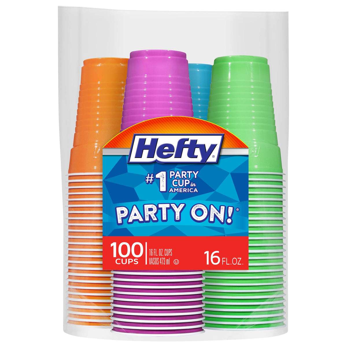Hefty Party On Disposable Plastic Cups, Assorted, 16 Ounce, 100 Count | Bulk Pack, Disposable Plastic Cups for Parties, 4 Fun Colors, Easy-to-Grip Design, Ideal for Large Tailgates, BBQs, Birthdays