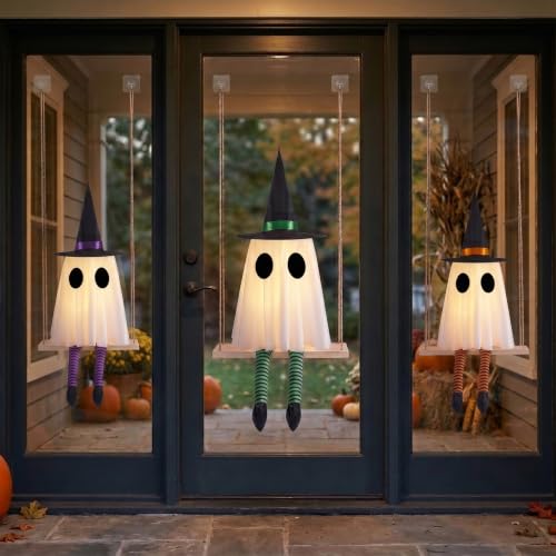 Halloween Swinging Ghost Outdoor Decor, Spooky Hanging Ghosts Decorations | Set of 3, Timer Function, Remote Control, Unique Ghost & Witch Fusion Design, Solid Wood, 29.5Inches Height