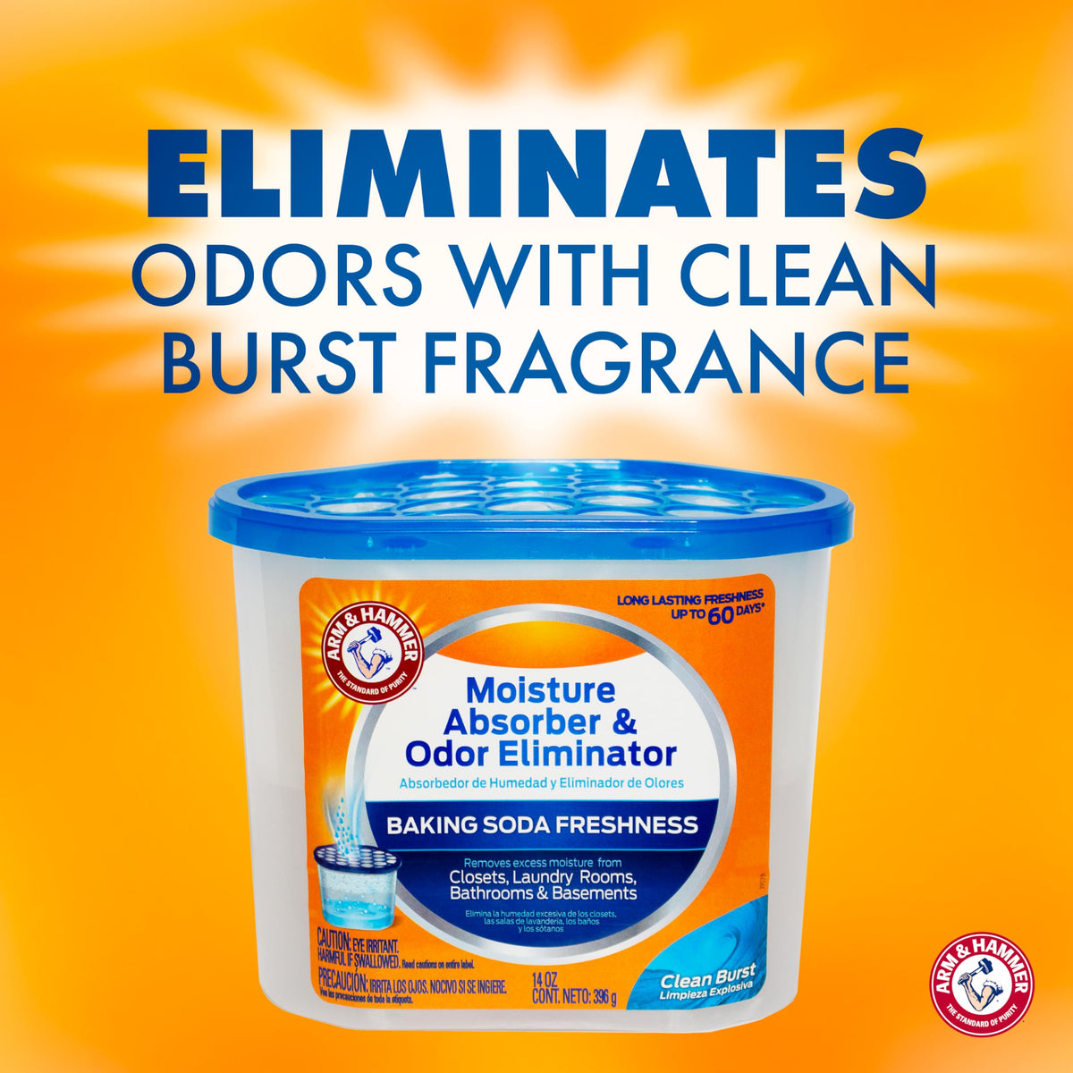 Arm & Hammer Clean Burst Moisture Absorber and Odor Eliminator Tubs, 14 oz., 3 Pack, Attract and Trap Excess Moisture, Eliminate Musty Odors, Convenient and Effective