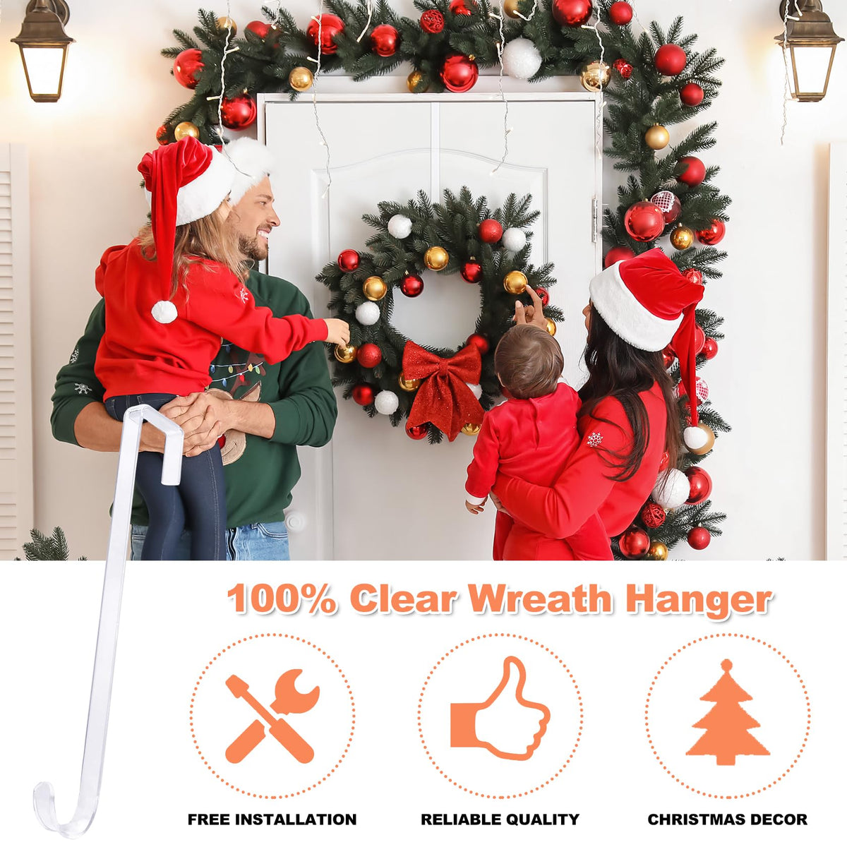 12" Clear Wreath Hangers for Front Door, 2 Pack Over Door Hooks Non-Scratch | Easter, Halloween and Christmas Wreaths, Welcome Signs, Front Door, Porch, Entryway, Indoor Outdoor Seasonal Home Fall Decor