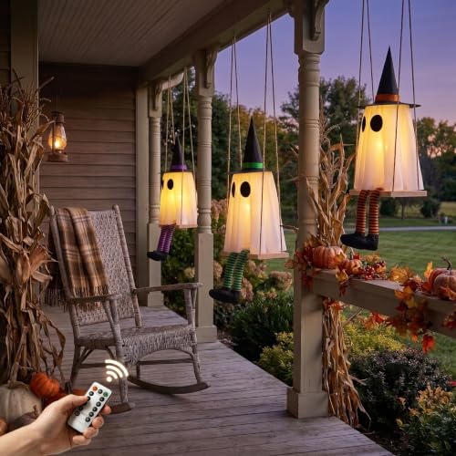 Halloween Swinging Ghost Outdoor Decor, Spooky Hanging Ghosts Decorations | Set of 3, Timer Function, Remote Control, Unique Ghost & Witch Fusion Design, Solid Wood, 29.5Inches Height