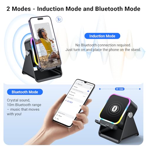 Induction Speaker with Phone Stand 5 in 1 Wireless Bluetooth Audio Black | Phone Speaker Amplifier for iPhone & Android with RGB Light and USB Wired Charging, Birthday Gift for Men Women Teens