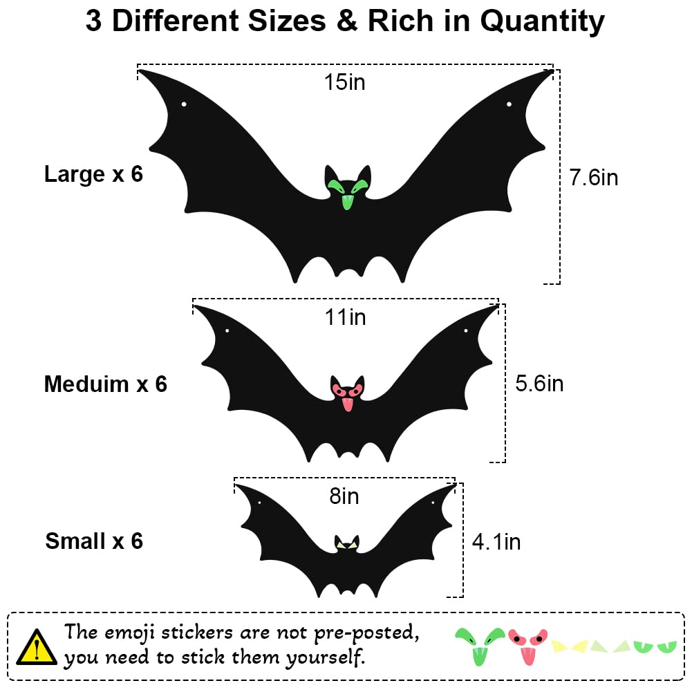 (18 Pcs) Hanging Bats Halloween Decoration Outside, Large Flying Plastic Bats Outdoor Decor, 3 Different Sizes with Cute Eye Stickers for Hanging in The Tree, Porch, Yard, Lawn, Indoor