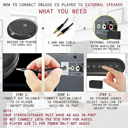 Deluxe Products CD Player Portable with 60 Second Anti Skip, Stereo Earbuds, Includes Aux in Cable and AC USB Power Cable for use at Home or in Car