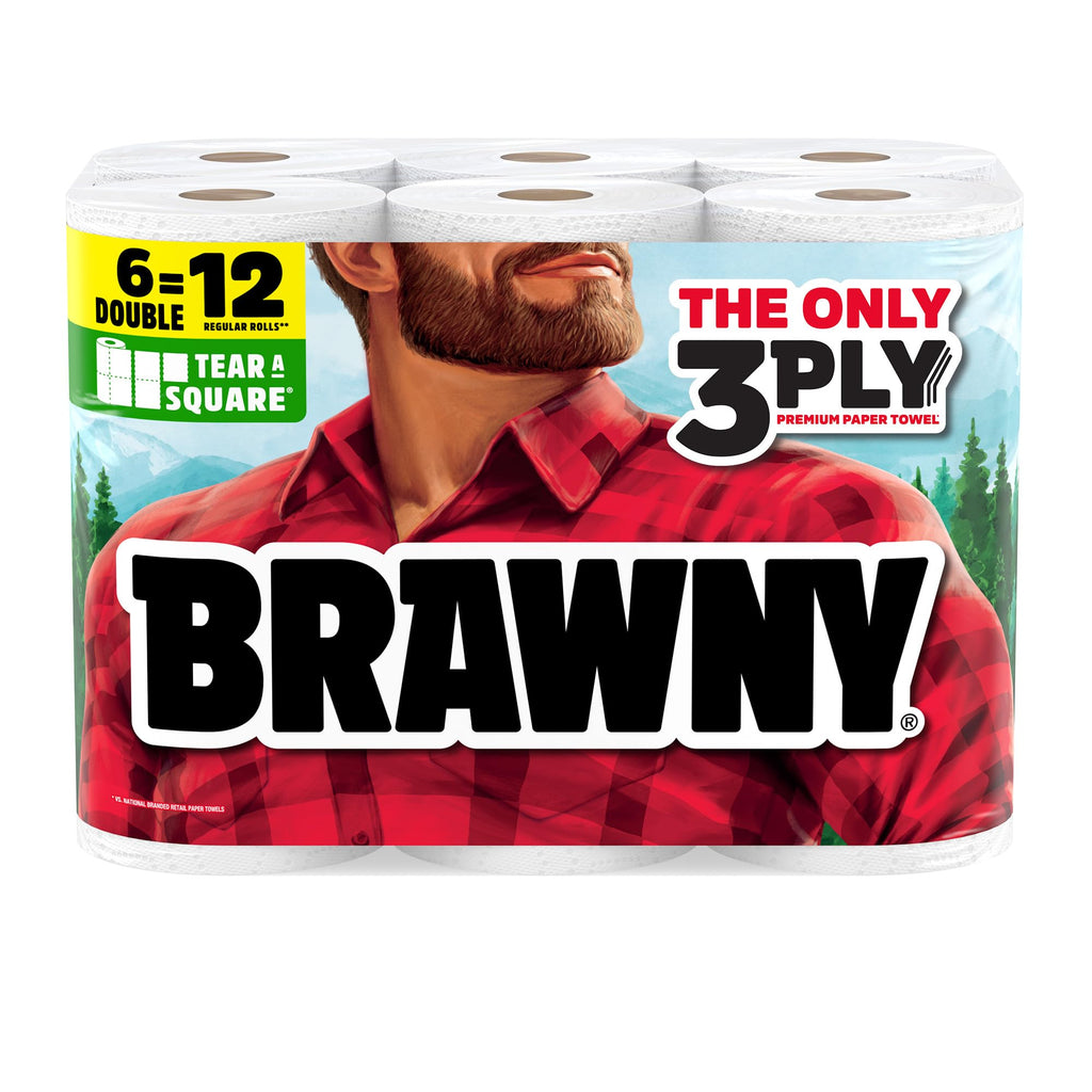 Brawny Tear-A-Square 3-Ply Paper Towels, 6 Double Rolls = 12 Regular Rolls | Strong, absorbent, and durable to tackle any tough mess
