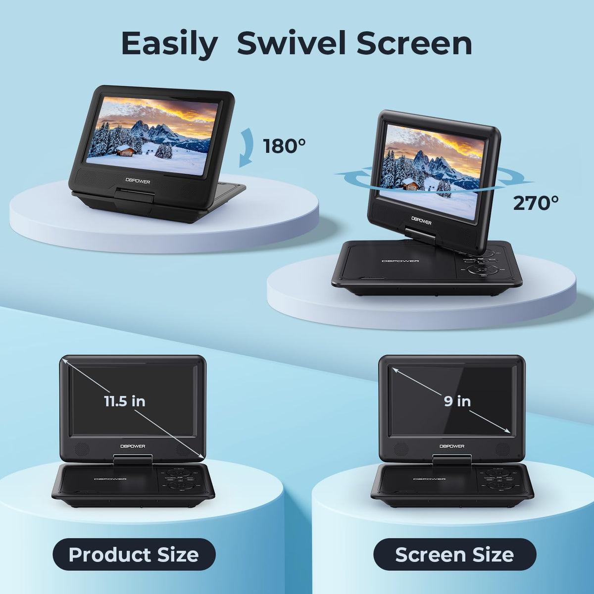 DBPOWER 11.5" Portable DVD Player, 5-Hour Built-in Rechargeable Battery, 9" Swivel Screen, Support CD/DVD/SD Card/USB, Remote Control, 1.8 Meter Car Charger, Power Adaptor and Car Headrest (Black)
