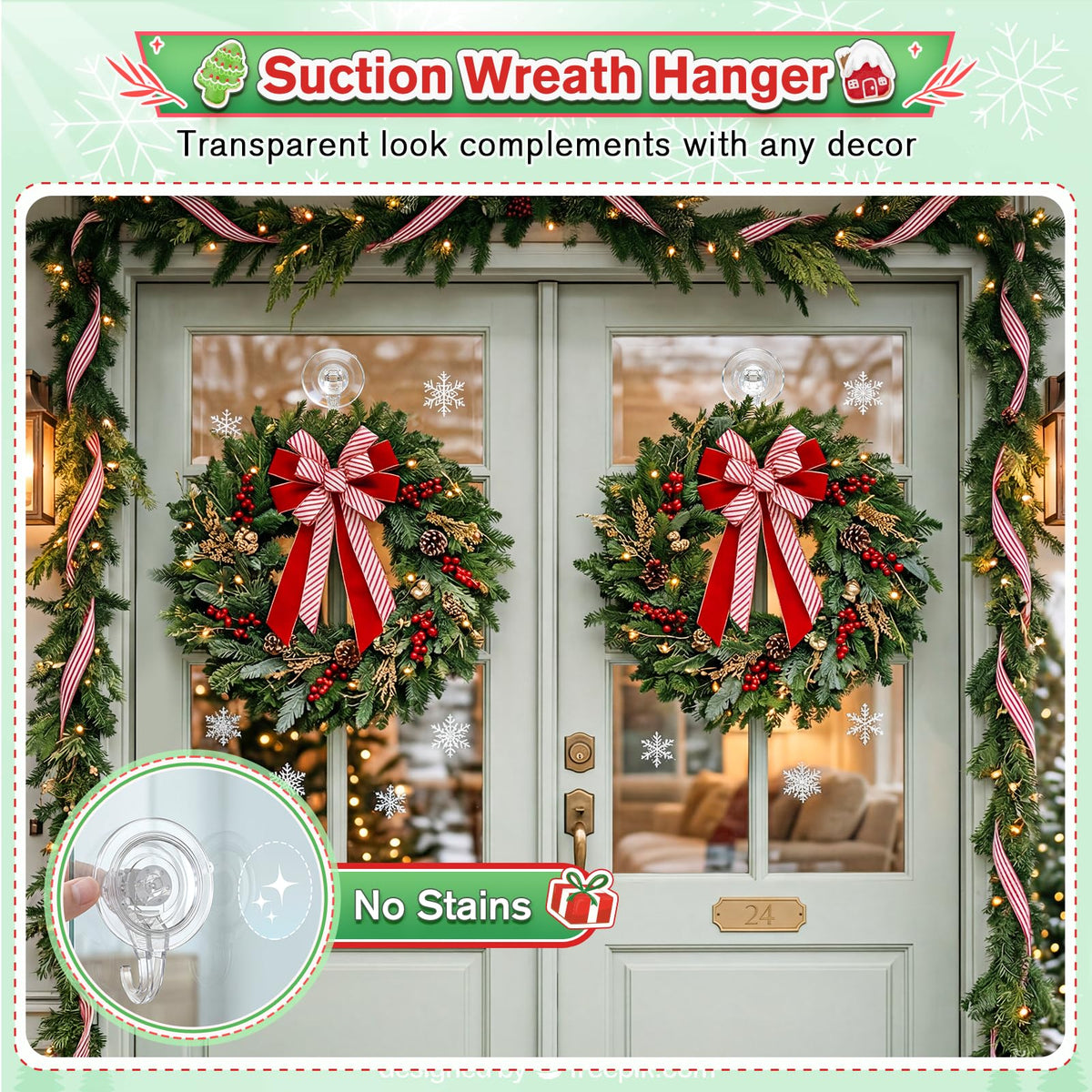 VIS'V Suction Wreath Hanger, Heavy Duty, 22 LB, Large, Clear, 2 Pcs | Removable and Reusable, Clear Invisible Design, Locking Suction Technology, Dual Vacuum Suction, Fit for Smooth Flat Surfaces