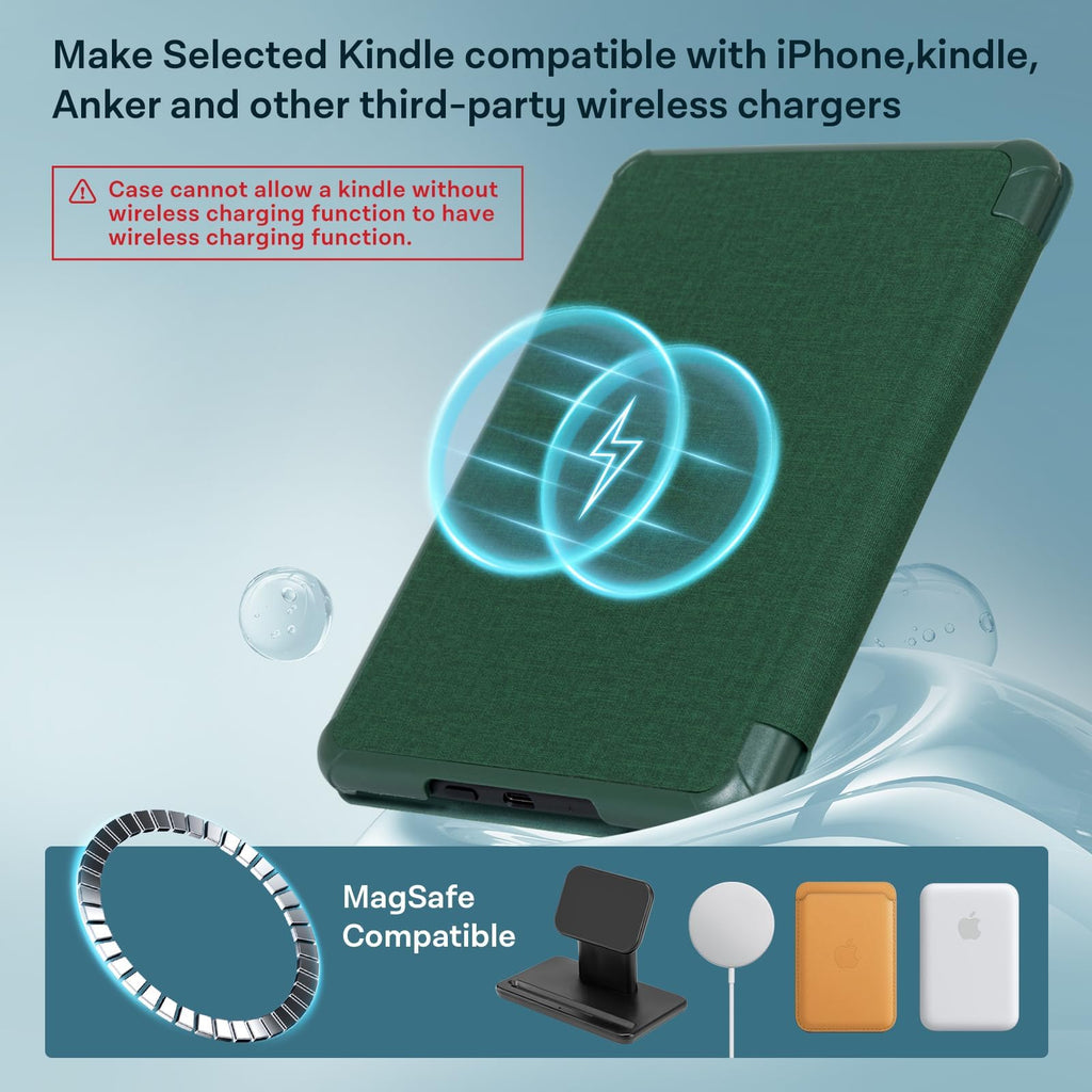 CoBak Stand Case for 7" Kindle Paperwhite & Kindle Colorsoft 12th Gen 2024 | Lightweight Stand with Right Hand Strap, Compatible with iPhone MagSafe and Other Wireless Charging Pads, Dark Green