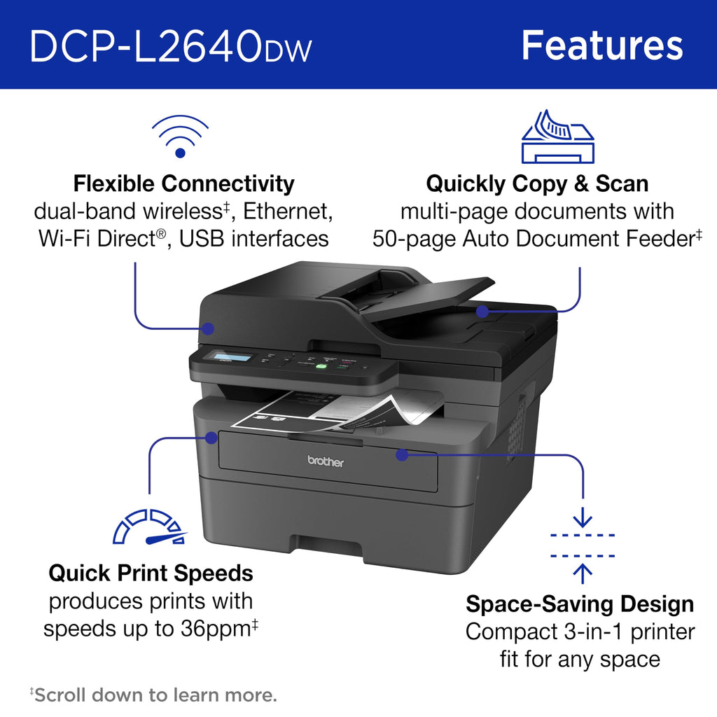 Brother DCP-L2640DW Wireless Compact Monochrome Multi-Function Printer, Copy, Scan, Duplex, Mobile Printing