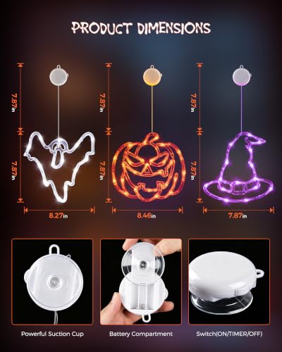 Minetom 3 Pack Halloween Windows Lights - Pumpkin, Ghost, Hat with Timer | Battery Operated Halloween Lights with Firm Suction Cup, Halloween Decorations for Windows, Doors, Balconies, Wardrobes
