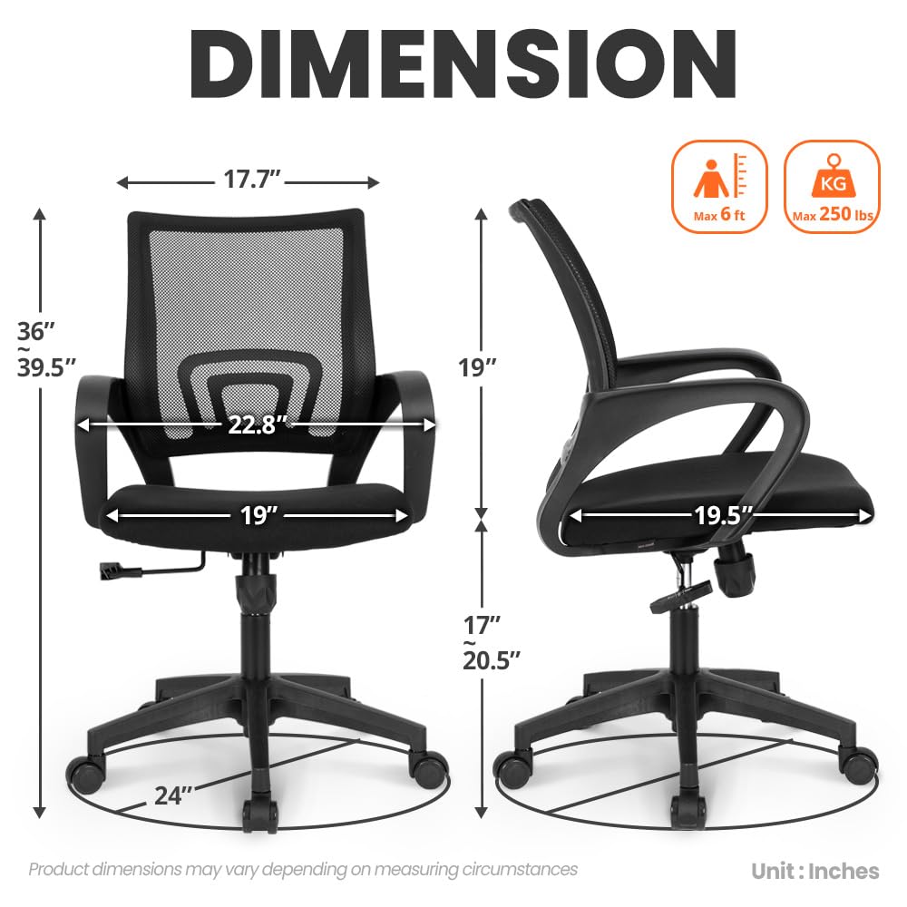 NEO CHAIR Office Computer Chair Ergonomic Mid-Back Mesh Desk Chair, Black | Breathable Mesh Back with Lumbar Support, Height Adjustment, Smooth Rolling Casters for Home Office, Study or Gaming Setup