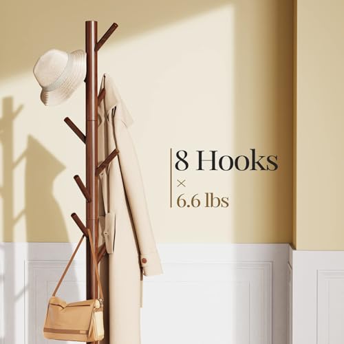 Pipishell Solid Wooden Coat Rack Freestanding with 8 Hooks, Brown | 3 Height Options, 100% Pine Wood, Tool-Free Assembly, Large Triangular Base, Smooth Rods & Hooks Prevent Clothing Snags