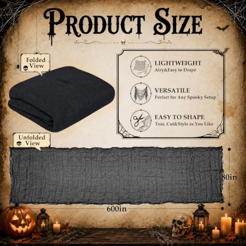 600 x 80 in Halloween Creepy Cloth for Yard and Outdoor Decorations, Black | Large Scary Gauze Cheesecloth for Creating Spooky Fabric Displays in Haunted Houses, Parties, Walls, Doorways and Windows