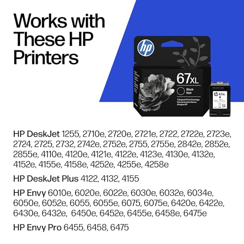 HP 67XL Black High-Yield Ink Cartridge | Works with DeskJet 1255, 2700, 4100, Envy 6000, 6400 Series | Eligible for Instant Ink | 3YM57AN | Packaging May Vary