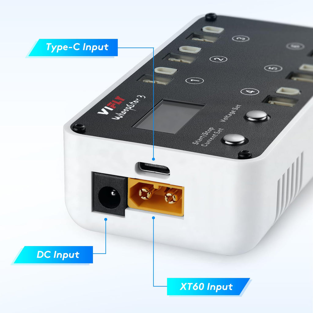 VIFLY WhoopStor V3 6 Ports 1S LiPo Battery Storage Charger and Discharger with LCD Display Tiny Whoop Charger with PH2.0 and BT2.0 Connectors