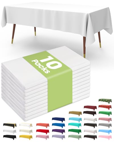 Pureegg Plastic Table Cloth Disposable 54x108 Inch 10 Pack, White | Picnic, Wedding, Party Supplies, Leakproof & Sturdy, Tablecloth, Table Cover