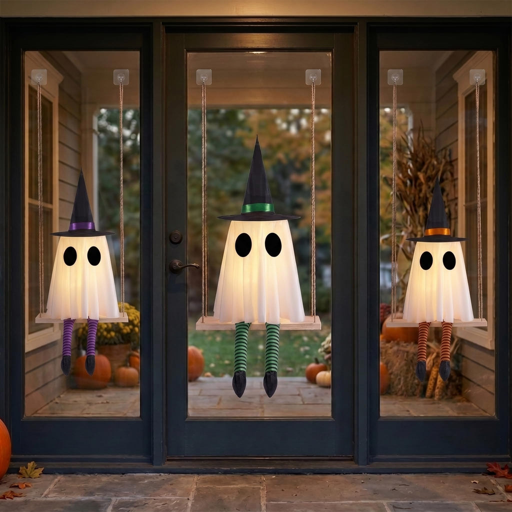 Halloween Swinging Ghost Outdoor Decor, Spooky Hanging Ghosts Decorations | Set of 3, Timer Function, Remote Control, Unique Ghost & Witch Fusion Design, Solid Wood, 29.5Inches Height