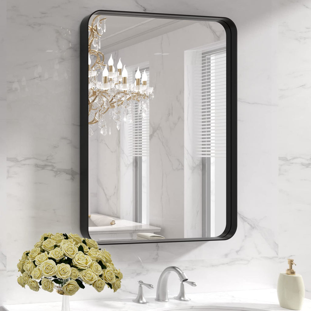 LOAAO 22X30 Inch Black Bathroom Mirror Metal Framed | Rounded Rectangle, Matte Black Bathroom Vanity Mirror, Anti-Rust, Hangs Horizontally or Vertically