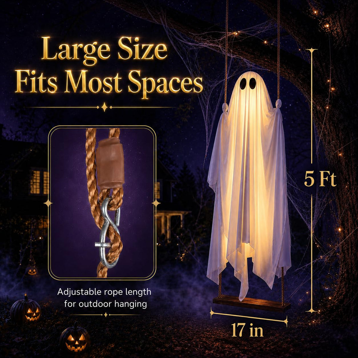 5FT Large Outdoor Halloween Decorations Swing Hanging Ghost for Porch, Yard | Ready to Hang Setup, Height-Adjustable Swing, Timer Remote Lights Strings, Draped Smooth Fabric, Porch Yard Lawn Tree Decor