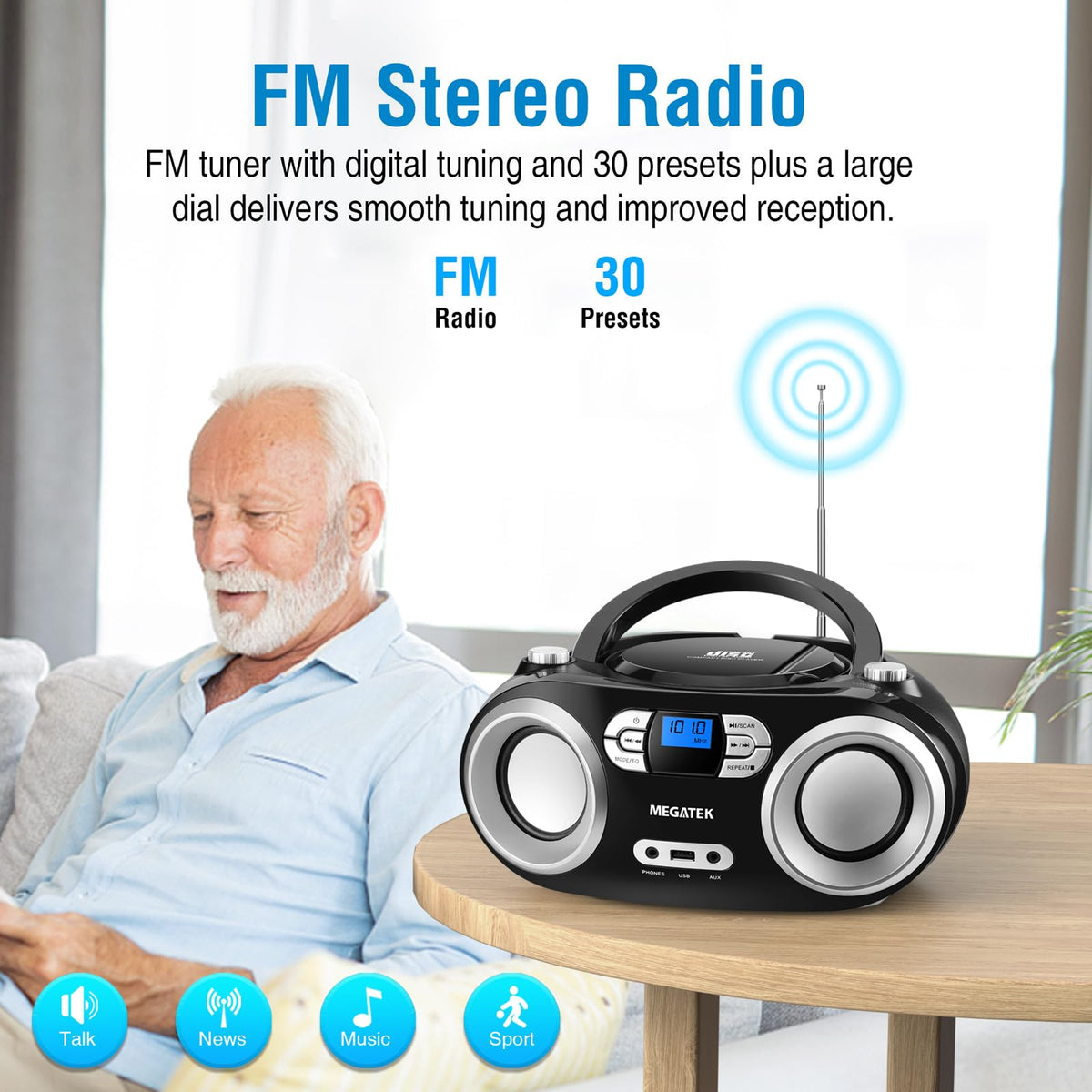 MEGATEK Portable CD Player Boombox with Bluetooth & FM Radio – Black | USB Playback, Clear Stereo Sound, AUX Input, Headphone Jack, CD-R/RW & MP3-CD Support, LCD Display, AC/Battery Powered