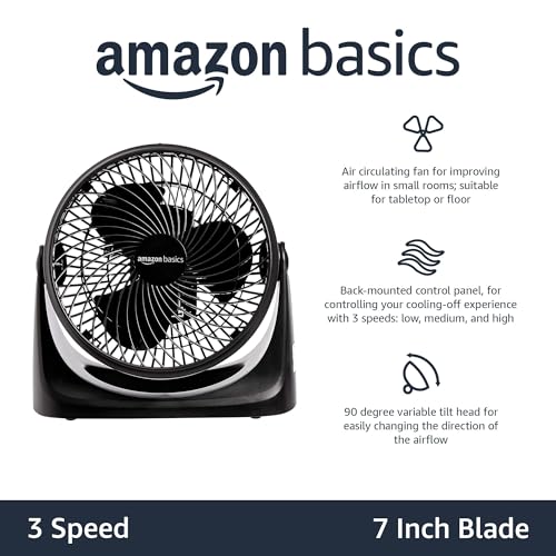 Amazon Basics Air Circulator Desk Fan for Bedroom, Home and Office, 90-Degree Tilt Head, 3 Speed Settings, Cooling, 35 Watts, Black, 11.1"W x 6.3"D x 10.9"H