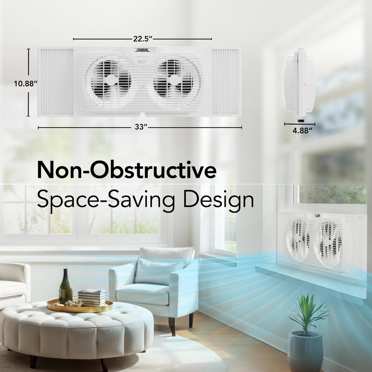 COMFORT ZONE Reversible Twin Window Fan with 3-Speeds & Expandable Width | Draw Cool Air In or Manually Reverse to Pull Warm Stale Air Out, Removeable Bug Screen, ETL Certified for Home and Kitchen