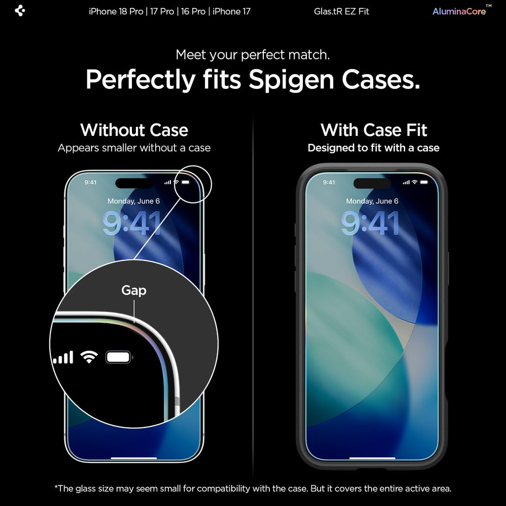 Spigen GlasTR EZ FIT Screen Protector for iPhone 18 Pro, 17 Pro, 17, 16 Pro | AluminaCore Aluminum-enhanced 9H+ tempered glass, Auto-align tray, 100% clarity, Original touch, Case-friendly, 2Pack