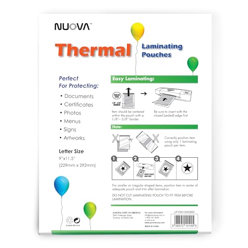 Nuova Premium Thermal Laminating Pouches 9" x 11.5", Letter Size, 3 mil, 100 Pack (LP100H)