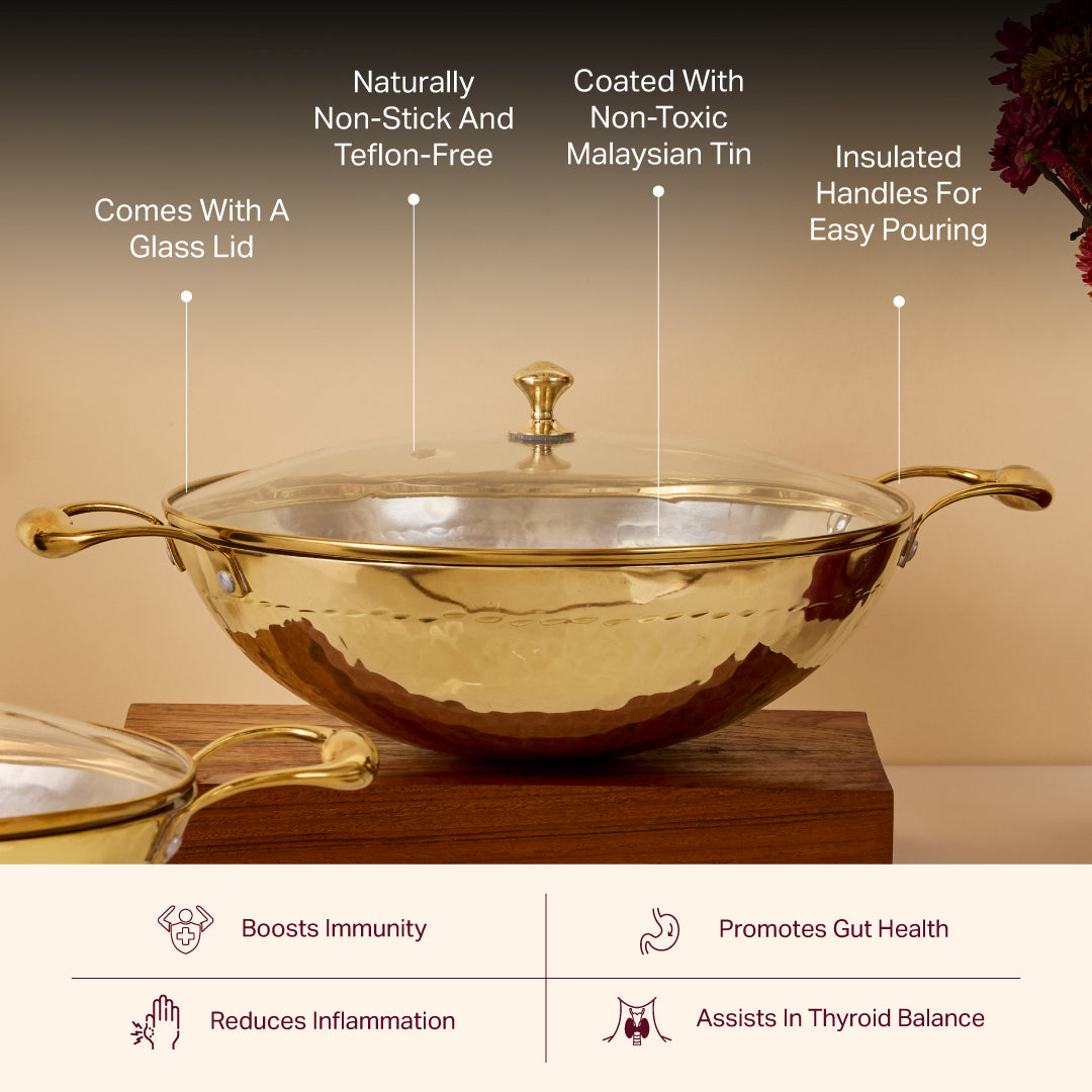 Brass Wok with Glass lid (Circular & Deep cooking/ serving Utensil)